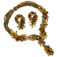Vintage 40s Robert deMario Amber & Gold Tone Necklace and Earrings Set 