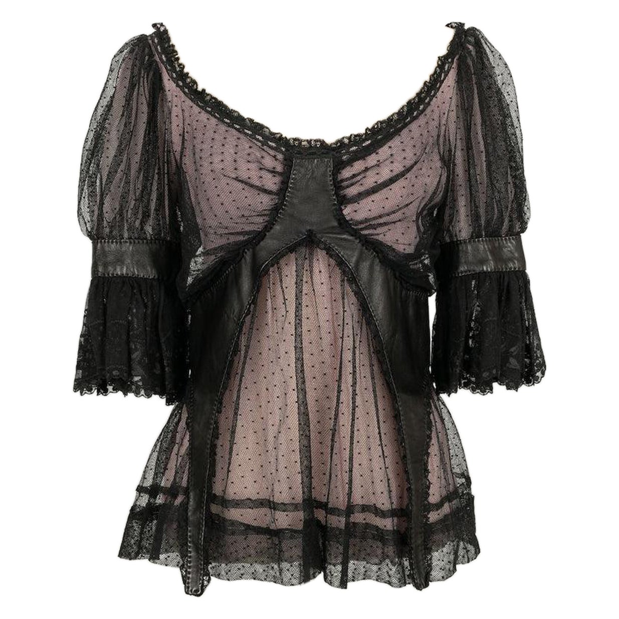 Alexander Mcqueen Lace Top with Polka Dots and Black Leather, 2005 For Sale