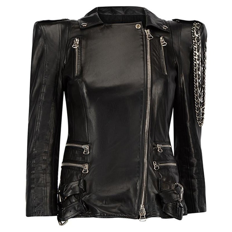 Balmain Women's Black Leather Chain Accent Biker Jacket For Sale at 1stDibs