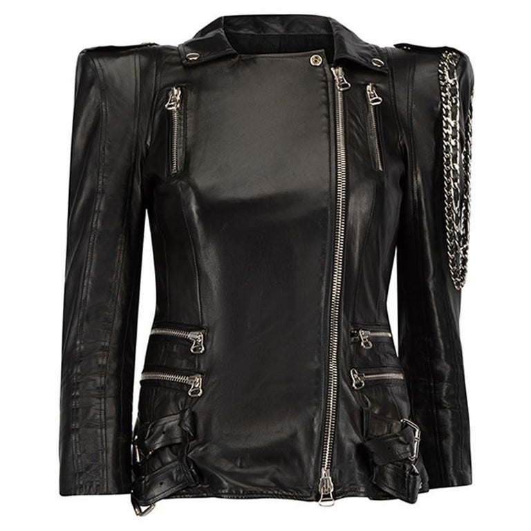 Women's Black Leather Chain Accent Biker Jacket For Sale at