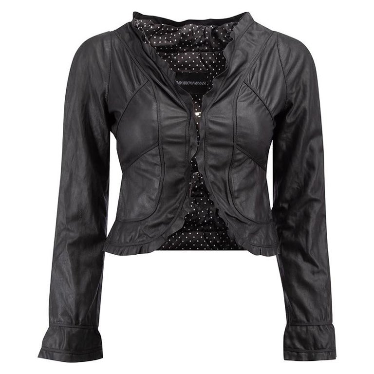 Emporio Armani Women's Black Leather Ruffles Accent Jacket For Sale