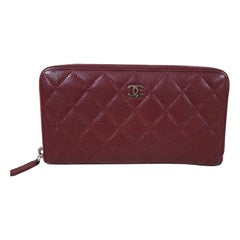 Chanel CC Burgundy Quilted Caviar Leather Zip Around Long Wallet