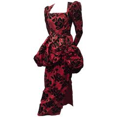 1980s Red and Black Floral Velvet Flocked Taffeta Gown w Pouf Peplum