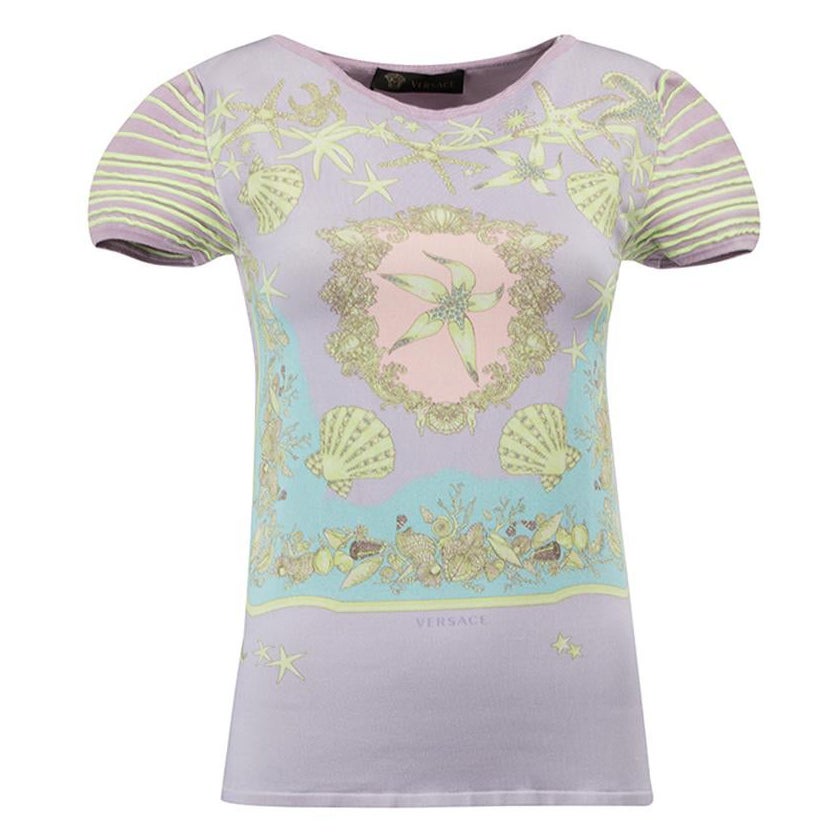 Versace Women's Lilac Shell Print Stretchy T-Shirt For Sale