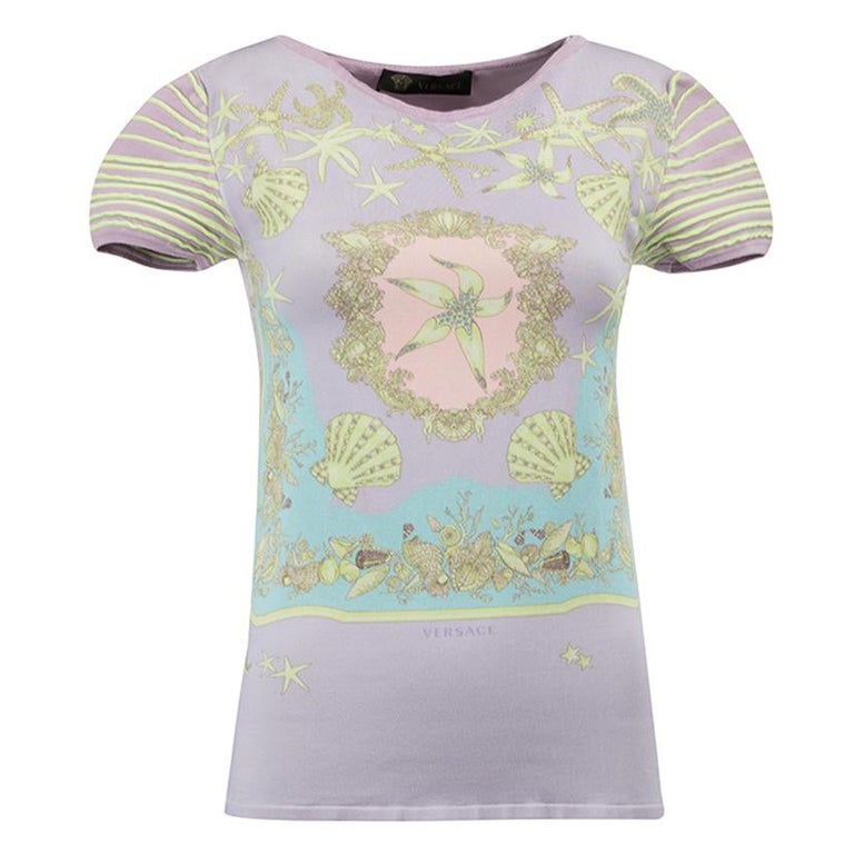 Versace Women's Lilac Shell Print Stretchy T-Shirt For Sale at 1stDibs