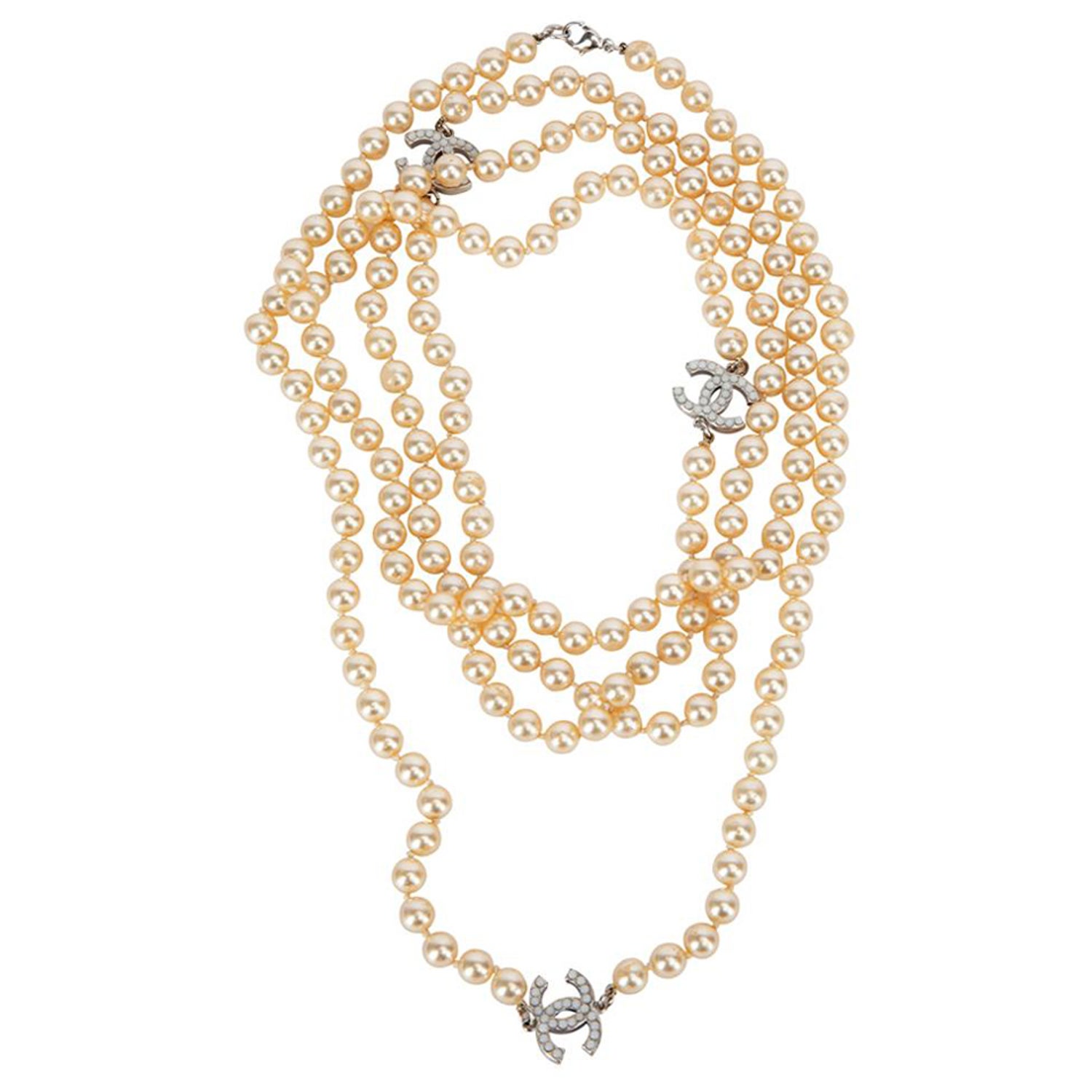 Chanel Classic 3 Gold CC Crystal Long Pearl Necklace at 1stDibs