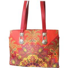 Vintage Gianni Versace red orange, multicolor tote bag with silver medusa motif