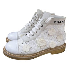 Chanel 19SS Lace-up Camellia Textile Leather Ankle Boots