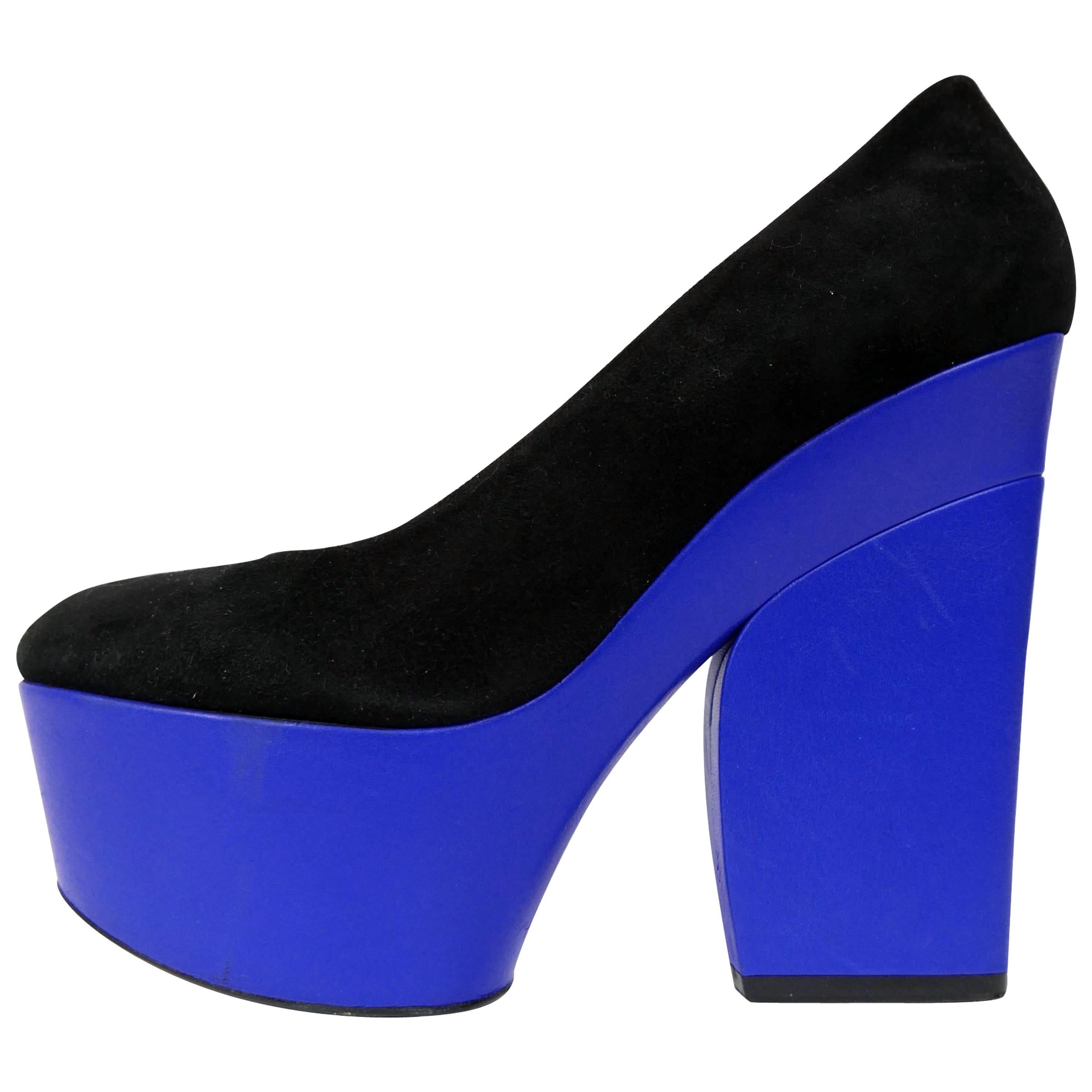 CELINE Black Suede and Blue Leather Platform Heels