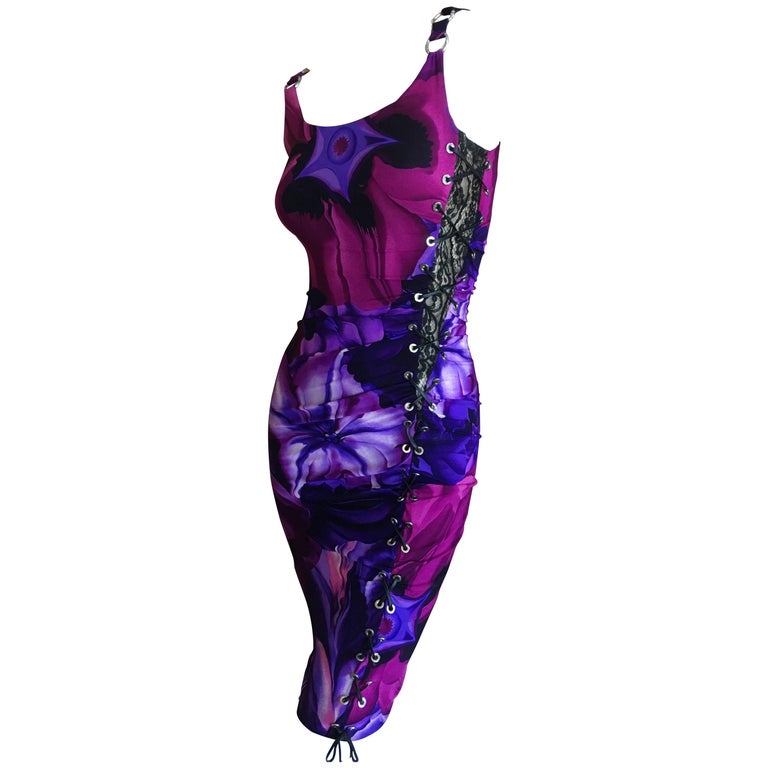 Versace Floral Dress with Lace Insert and Corset Lacing at 1stDibs