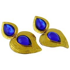 Yves Saint Laurent YSL Vintage Rare Deep Blue Glass Heart Dangling Earrings