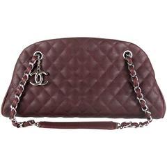 Chanel Caviar Bag Red Purple Leather Mademoiselle Bowler Handbag CC Tote Silver