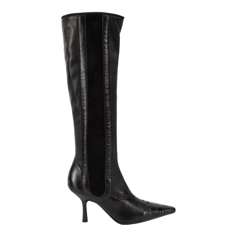 Chanel Women's Black Leather CC Alligator Cap Toe Knee Boots For Sale at  1stDibs