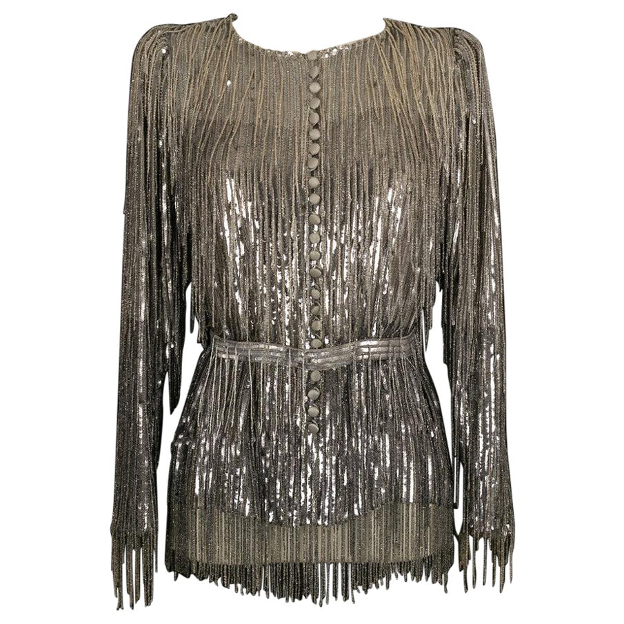 Louis Féraud Haute Couture Top in Sequins and Pearl Bangs For Sale