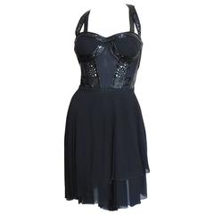 Versace Silk and Laser Cut Patent Leather Trim Silk Corset Dress