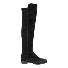 Used Stuart Weitzman Women's Black Suede Leather Round Toe Thigh Boots