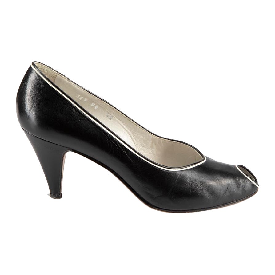 Céline Women's Black Leather Contrast Trim Peep Toe Heels For Sale