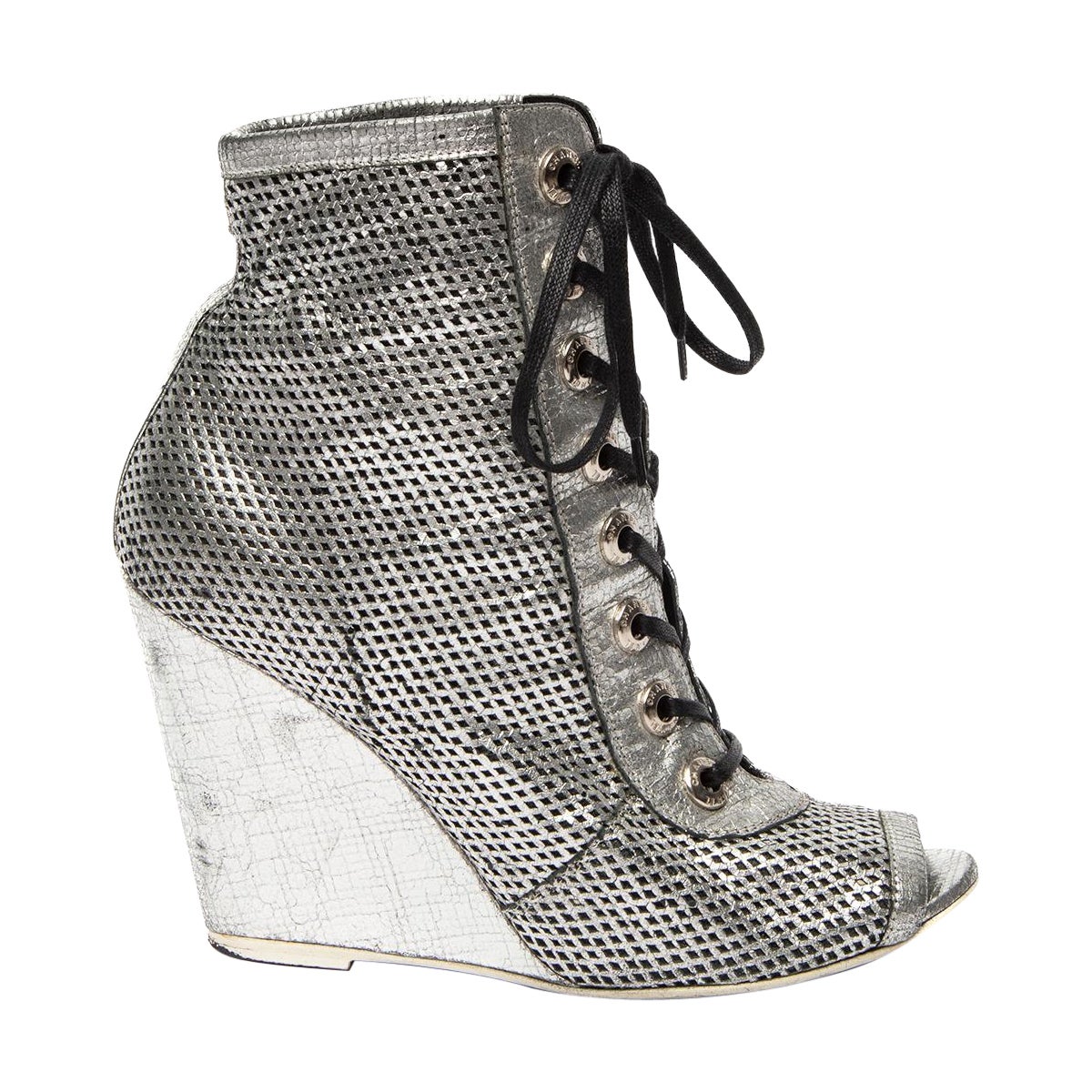 Chanel Women's Silver Perforated LaceUp Heel Boots For Sale at 1stDibs