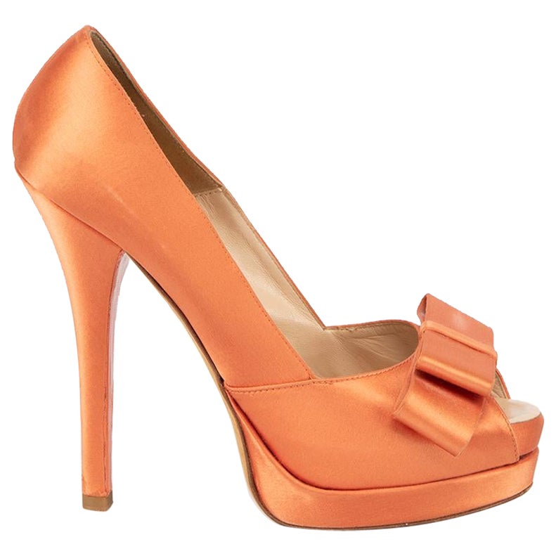 Fendi Women's Orange Satin Deco Bow Platform Heels For Sale