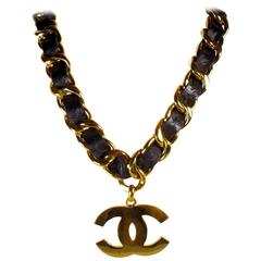 Chanel Necklace - Belt - Large CC Logo Vintage Black Leather Gold Chain 26 1980s
