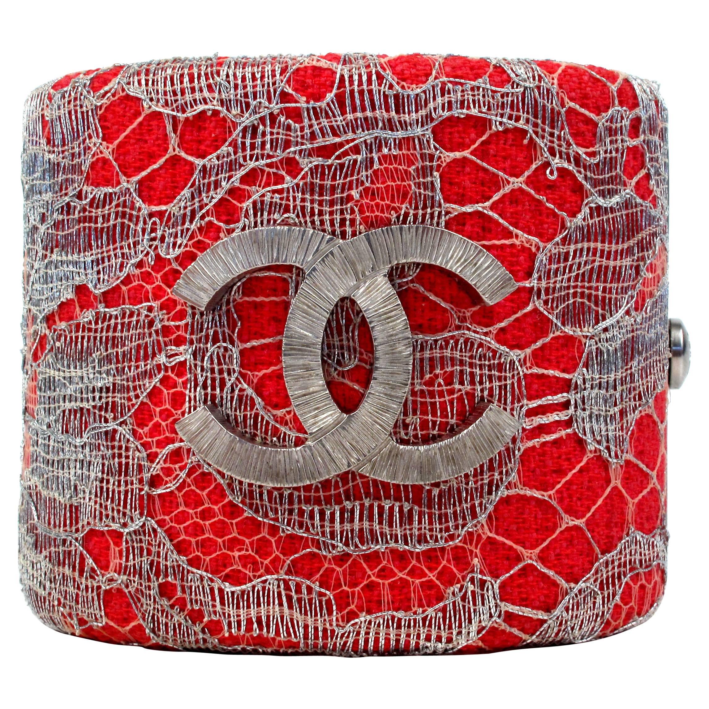 Chanel Bracelet - New - Pink Wide Tweed Lace Bangle Cuff - Silver CC 2014 14P