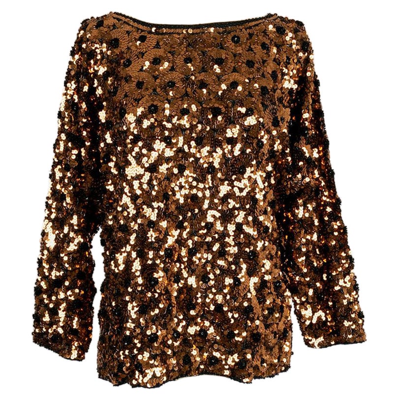 Loris Azzaro Long Sleeve Top in Black Silk, Embroidered with Sequins and Beads For Sale