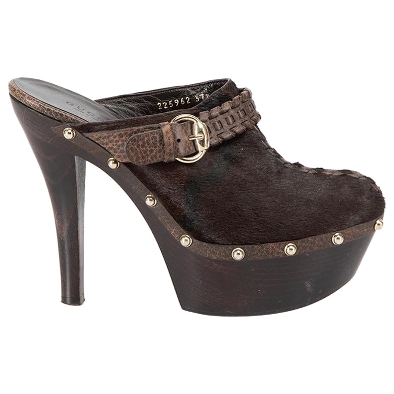 Gucci Women's Brown Pony Hair Studded Platform Mules For Sale