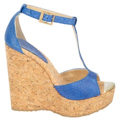 Jimmy Choo Women's Blue Python Leather Cork Wedge Sandals