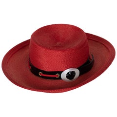 Vintage Yves Saint Laurent Red Straw Back Patent Lucite trim Hat, 1970s