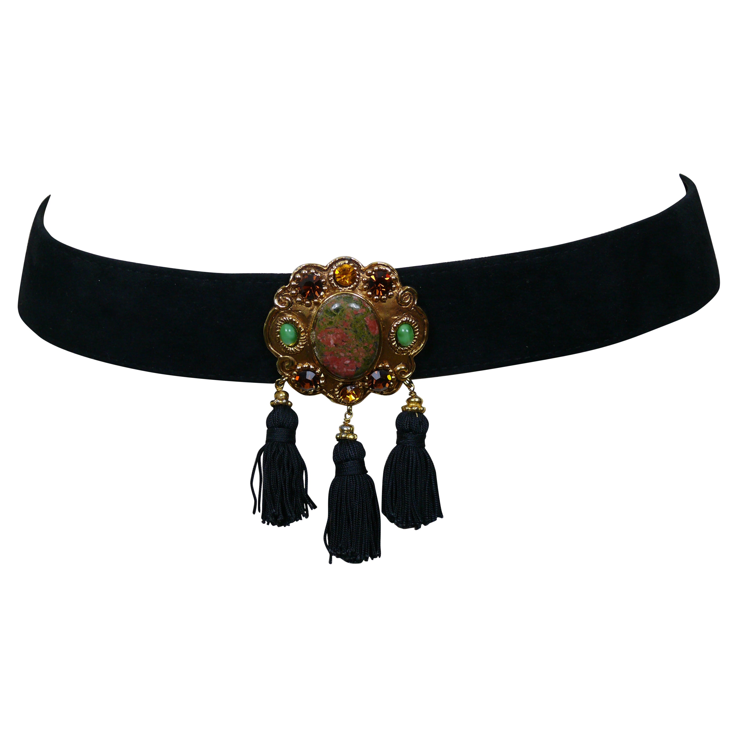 CHRISTIAN LACROIX Vintage Suede Leather Belt with Jewelled Medallion & Tassels For Sale