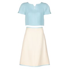 Vintage Courreges Paris Baby Blue Creme Cropped Top and Skirt Set