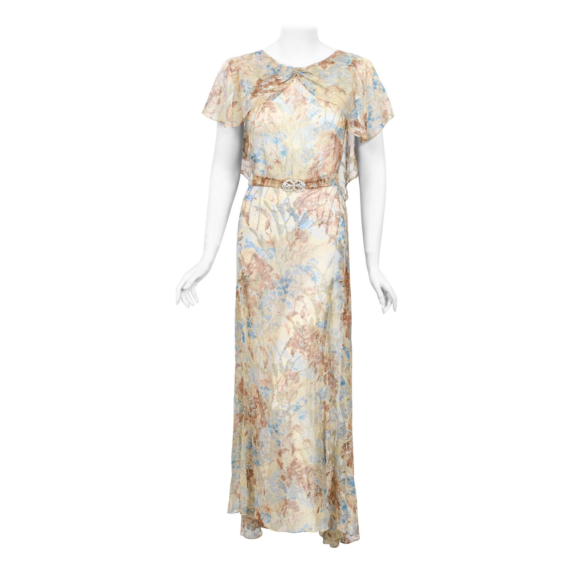 Vintage 1930's Metallic Floral Semi-Sheer Lamé Silk Capelet Drape Belted Gown For Sale