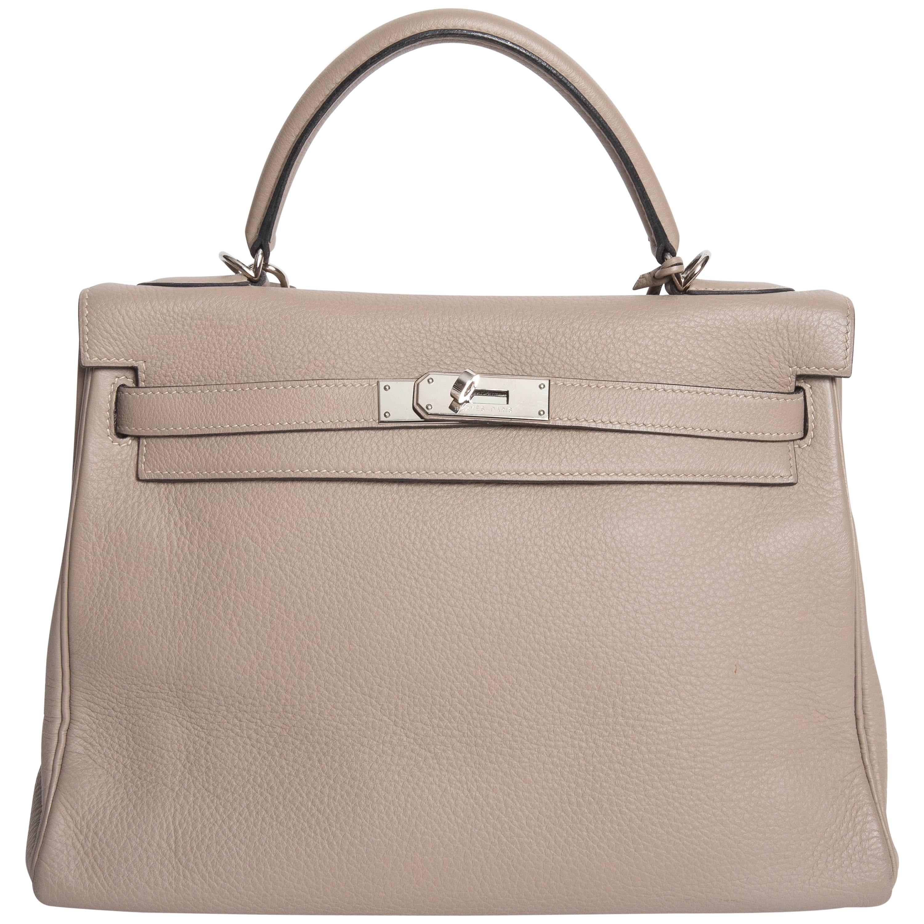 Hermes Etoupe Clemence Leather Palladium Hardware Kelly Bag For Sale