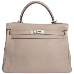 Hermes Etoupe Clemence Leather Palladium Hardware Kelly Bag