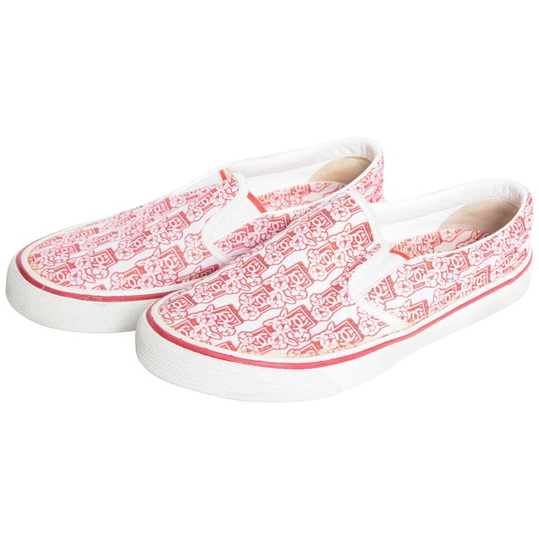 Chanel Red and White CC Camelia Slip On Sneakers at 1stDibs