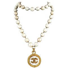 Chanel Pearl Necklace - 37" Gripoix Glass Medallion Gold CC Charm Coin Logo 93A