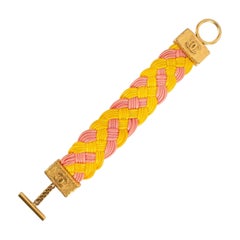 Vintage Chanel Golden Metal Bracelet with Yellow and Pink "Scoubidou" Threads