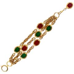 Chanel New Bracelet Gripoix Glass Vintage Gold Multistrand Green Red Chain Charm