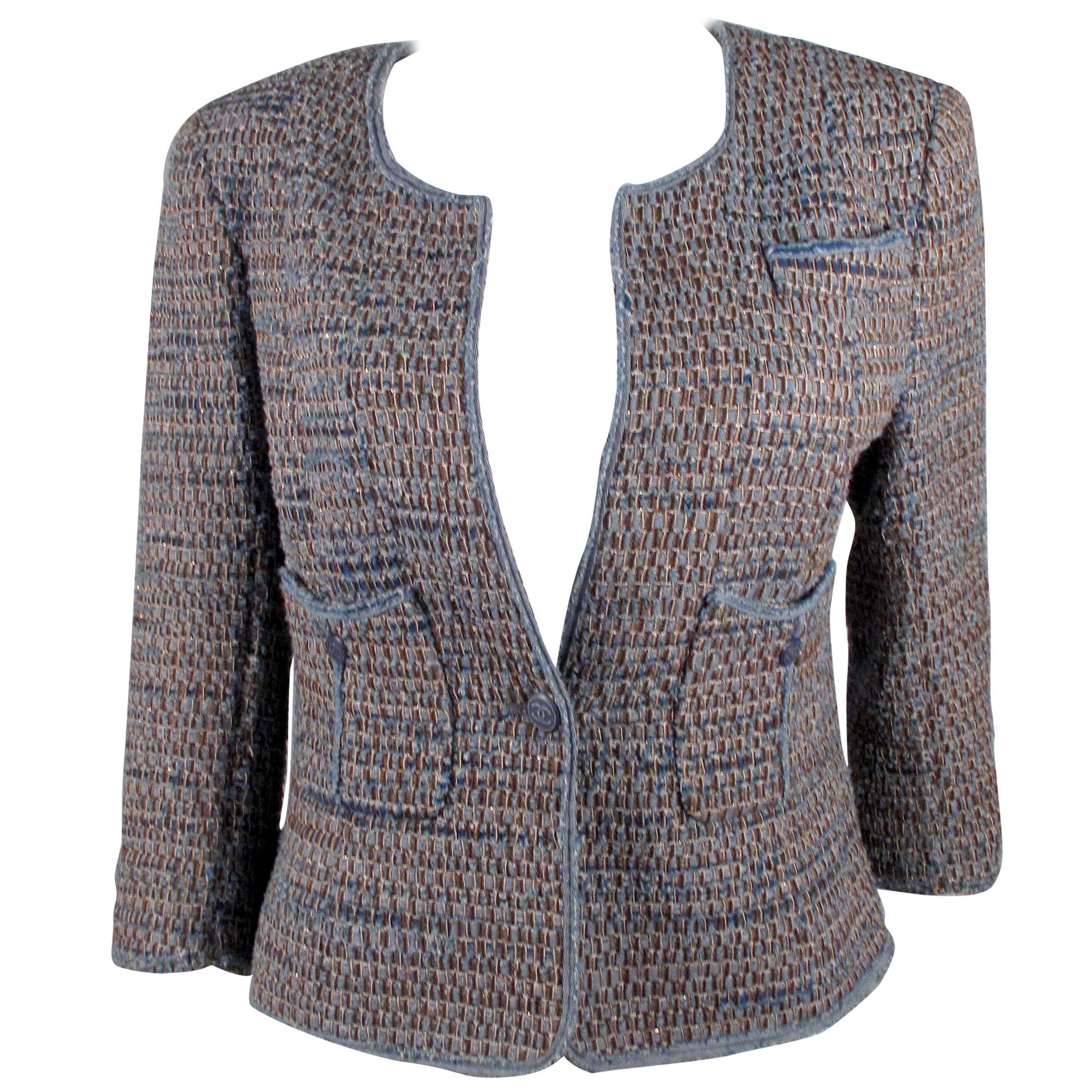 Chanel Denim Jacket - US 10 - 12 - 44 - Blue Tweed Brown Wool CC Logo Blazer 03