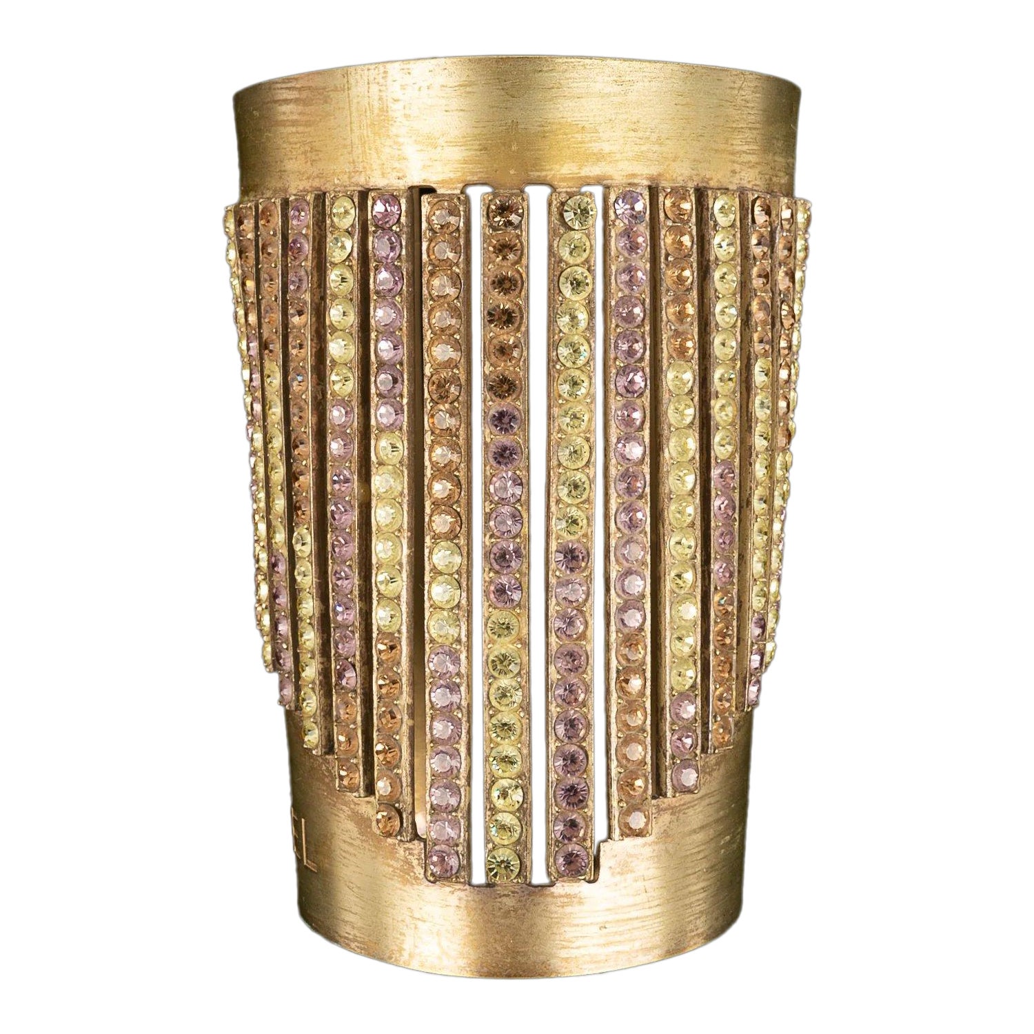 Chanel Cuff Bracelet in Golden Metal Sleeve Paved with Multicolored Rhinestones For Sale