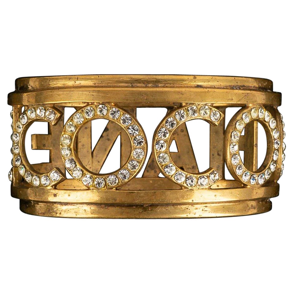 Chanel Gold Metal Cuff Bracelet Paved with Rhinestones For Sale