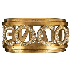 Retro Chanel Gold Metal Cuff Bracelet Paved with Rhinestones