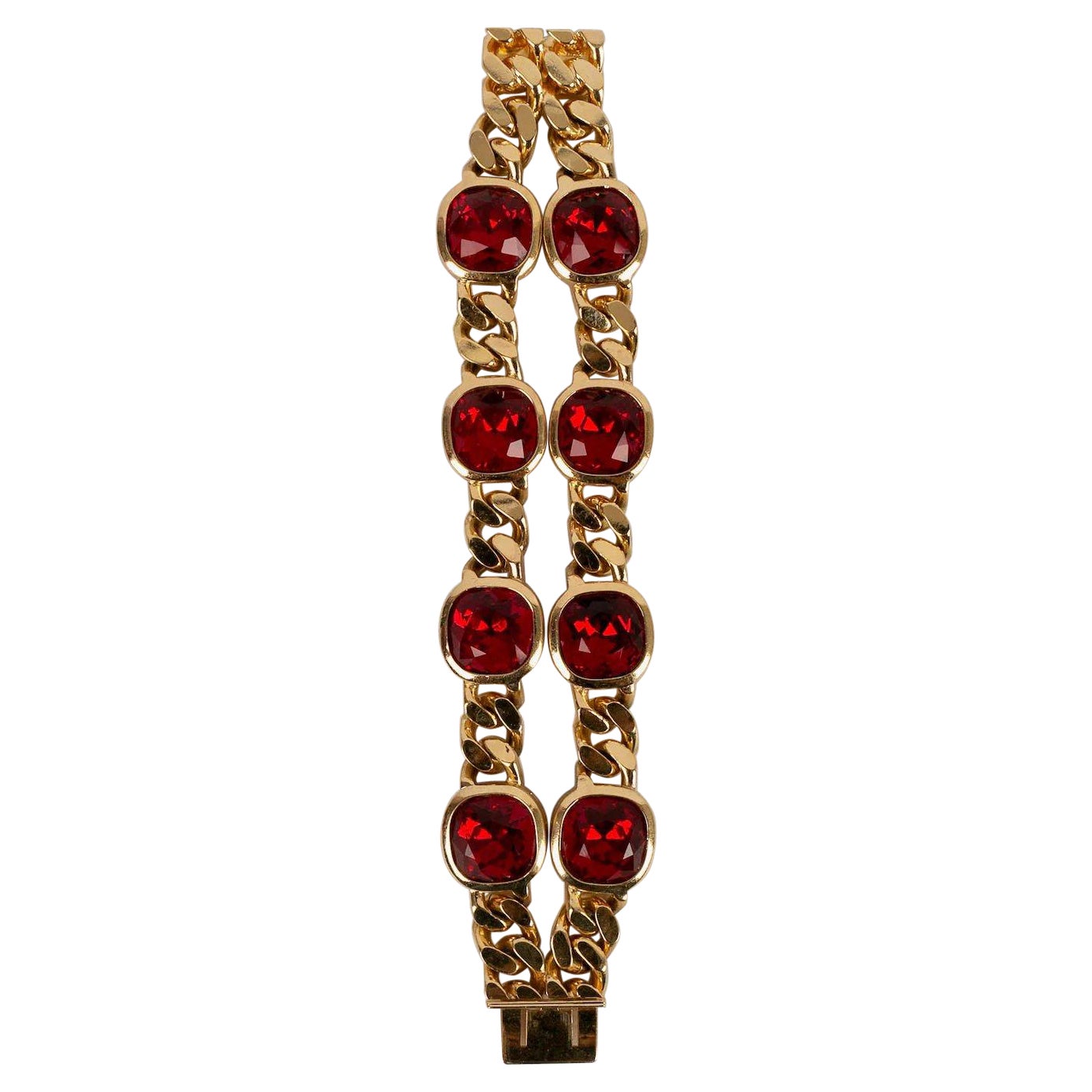 Christian Dior Golden Metal Bracelet with Red Rhinestones For Sale