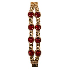 Retro Christian Dior Golden Metal Bracelet with Red Rhinestones