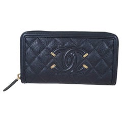 Chanel CC Logo Black Caviar Filigree Zip Around Wallet