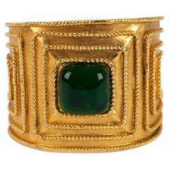 Chanel Cuff Bracelet in Gilded Metal and Green Glass Paste, 1991