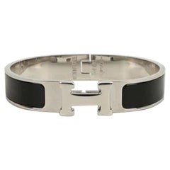 Hermès Clic Clac H Silver Plated Metal and Black Enamel Bracelet