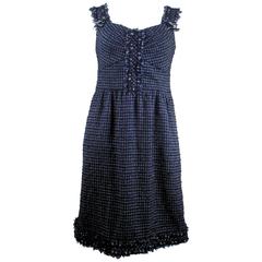Chanel 2010 Dress - 10 12 - 44 Blue White Tweed Fringe Trim Sleeveless CC 10P