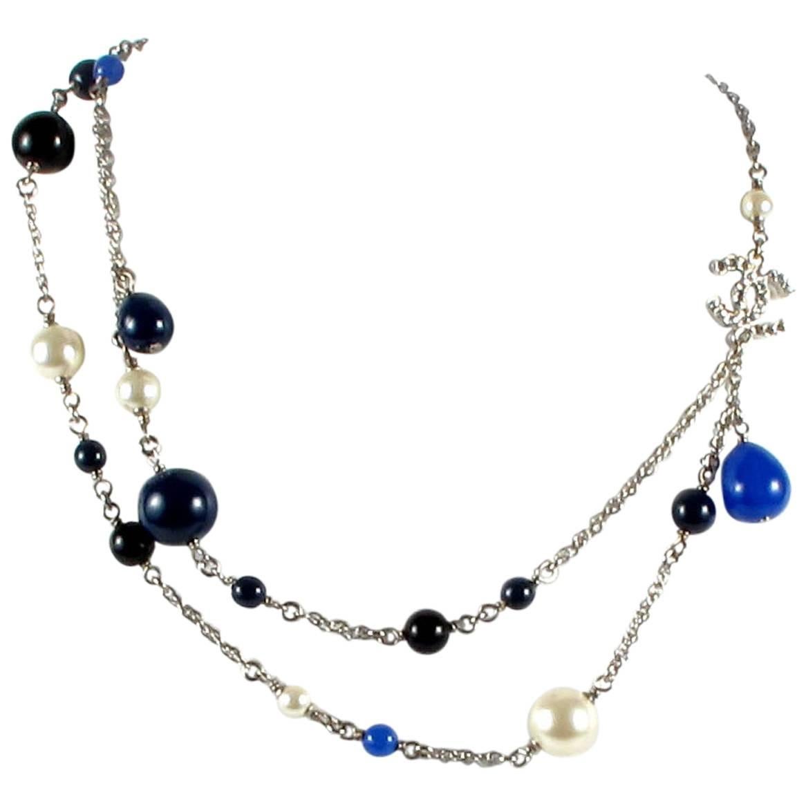 Chanel Pearl Necklace - Crystal CC Logo Blue Black Beads Silver Rhinestone Charm