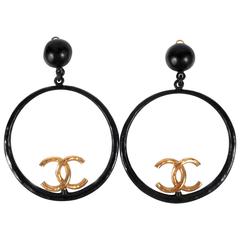 Chanel Earrings - XL Vintage Hoop CC Clip On Gold Black Ear Rings Charm 93P RARE